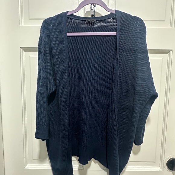 Theory Hyori Cashcotton Waffle Knit Cardigan Cashmere Blend Large Navy Blue EUC - Picture 2 of 8